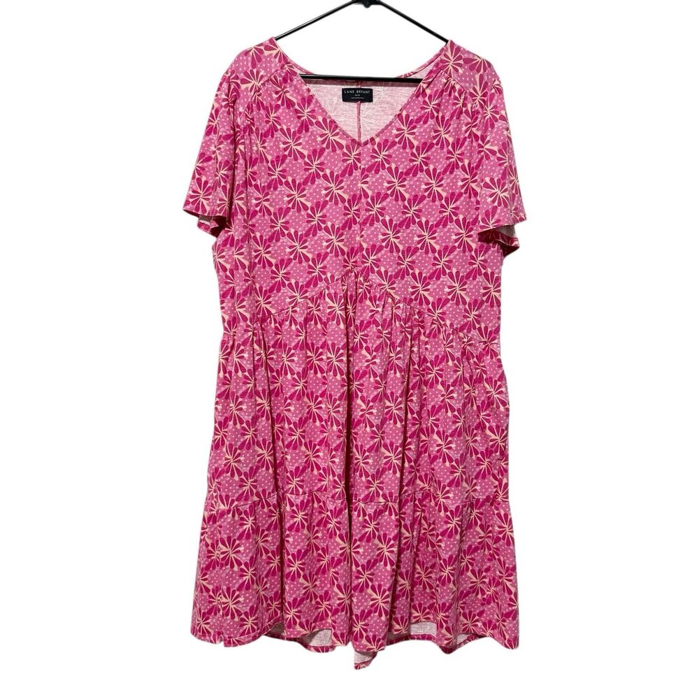Lane Bryant 22/24 Swing V-Neck Tiered Dress Pink Short Sleeve Cotton Casual - Picture 2 of 12